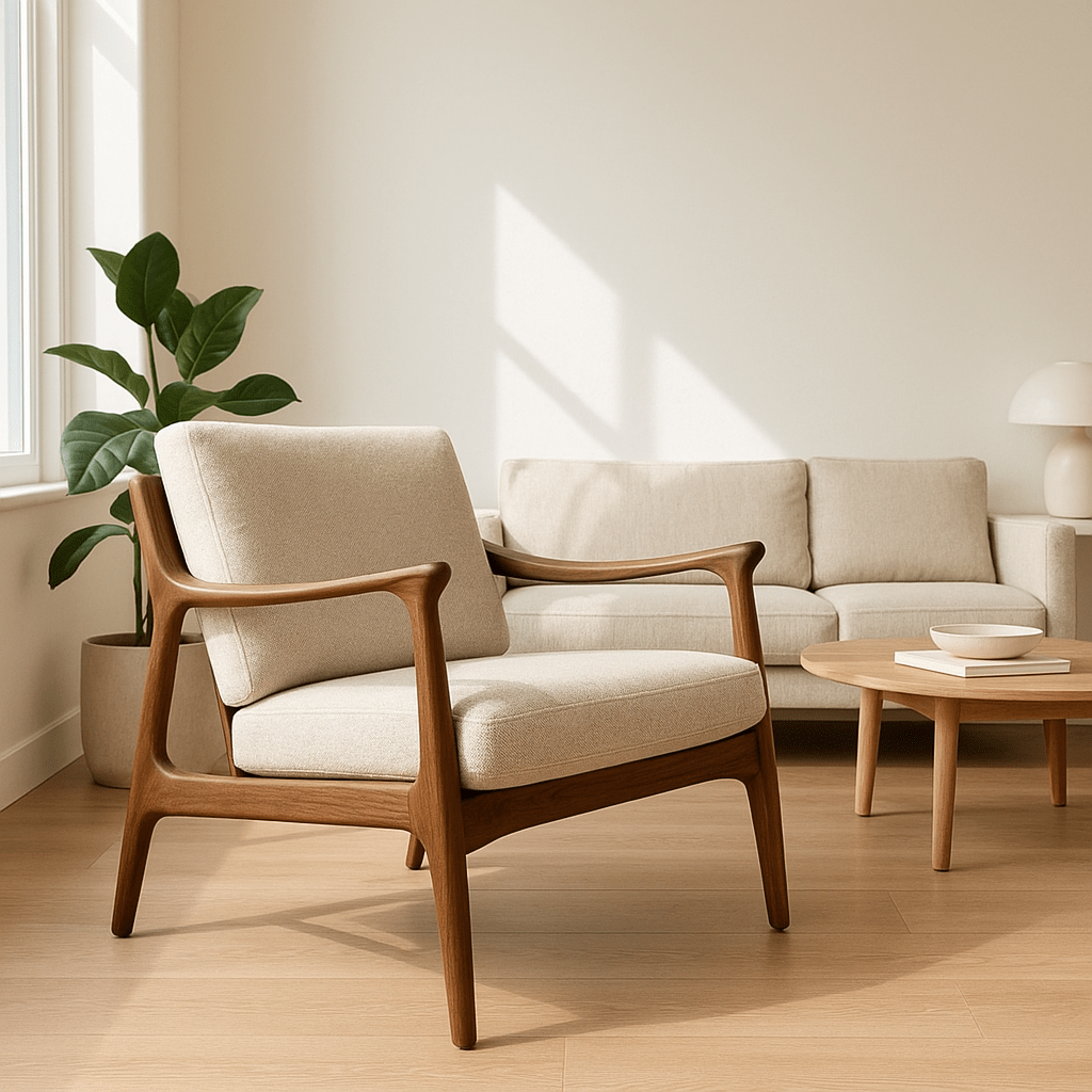 A handcrafted Druzari armchair in a sunlit, modern home.