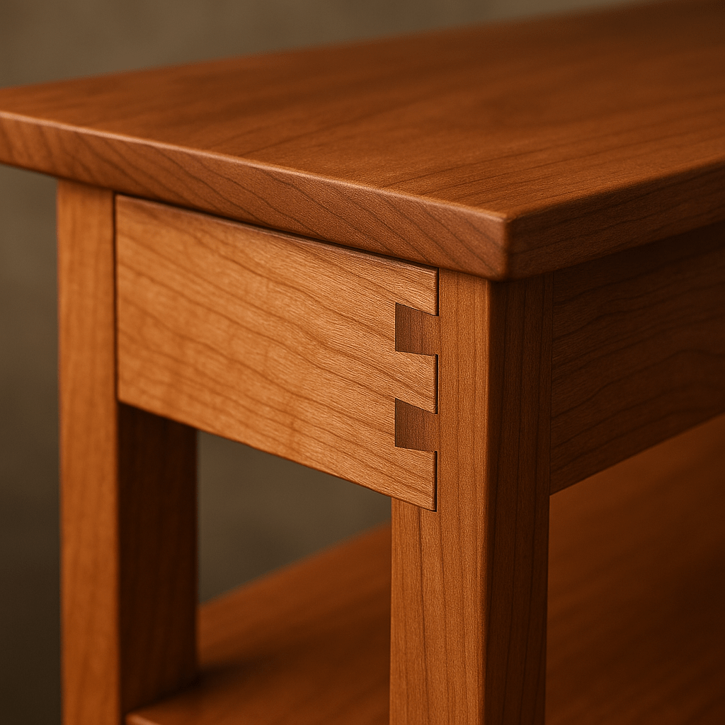 Close-up of a perfect dovetail joint on a wooden drawer