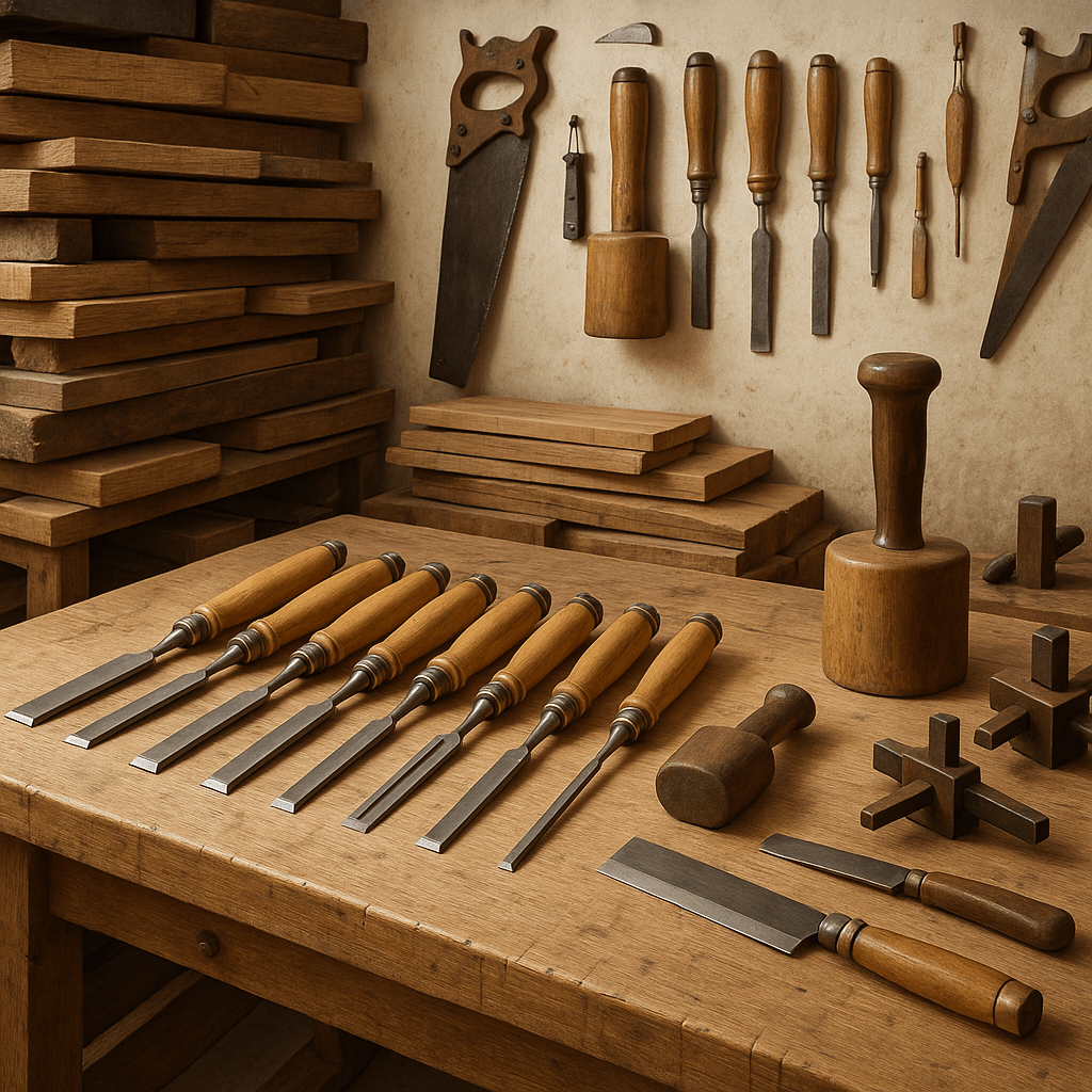 A clean and organized artisan's workshop bench.